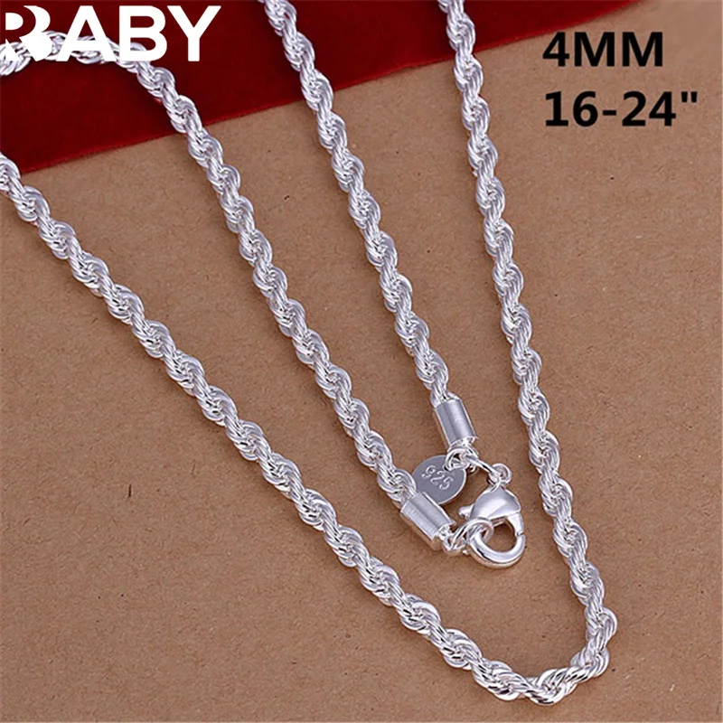 16-24inch for Women Men Beautiful Fashion 925 Silver Charm 4MM Rope Chain Necklace Fit Pendant High Quality Jewelry