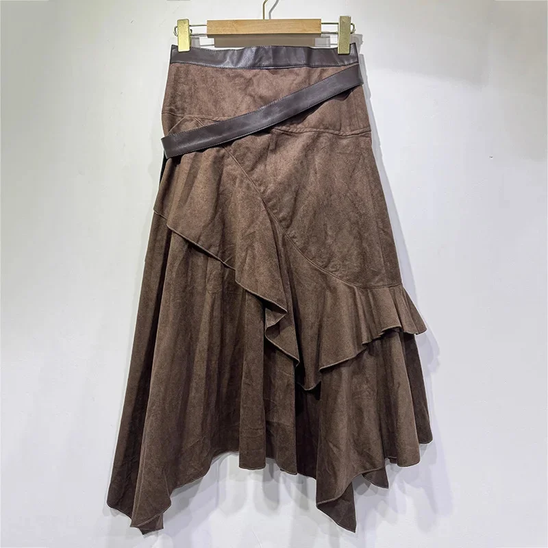 تنورة ميدي غير متناظرة من جلد الغزال على طراز شارع العليا تنورة عالية الخصر بحاشية منتفخة على شكل حرف a تنورة نسائية عصرية متعددة الاستخدامات للتخسيس