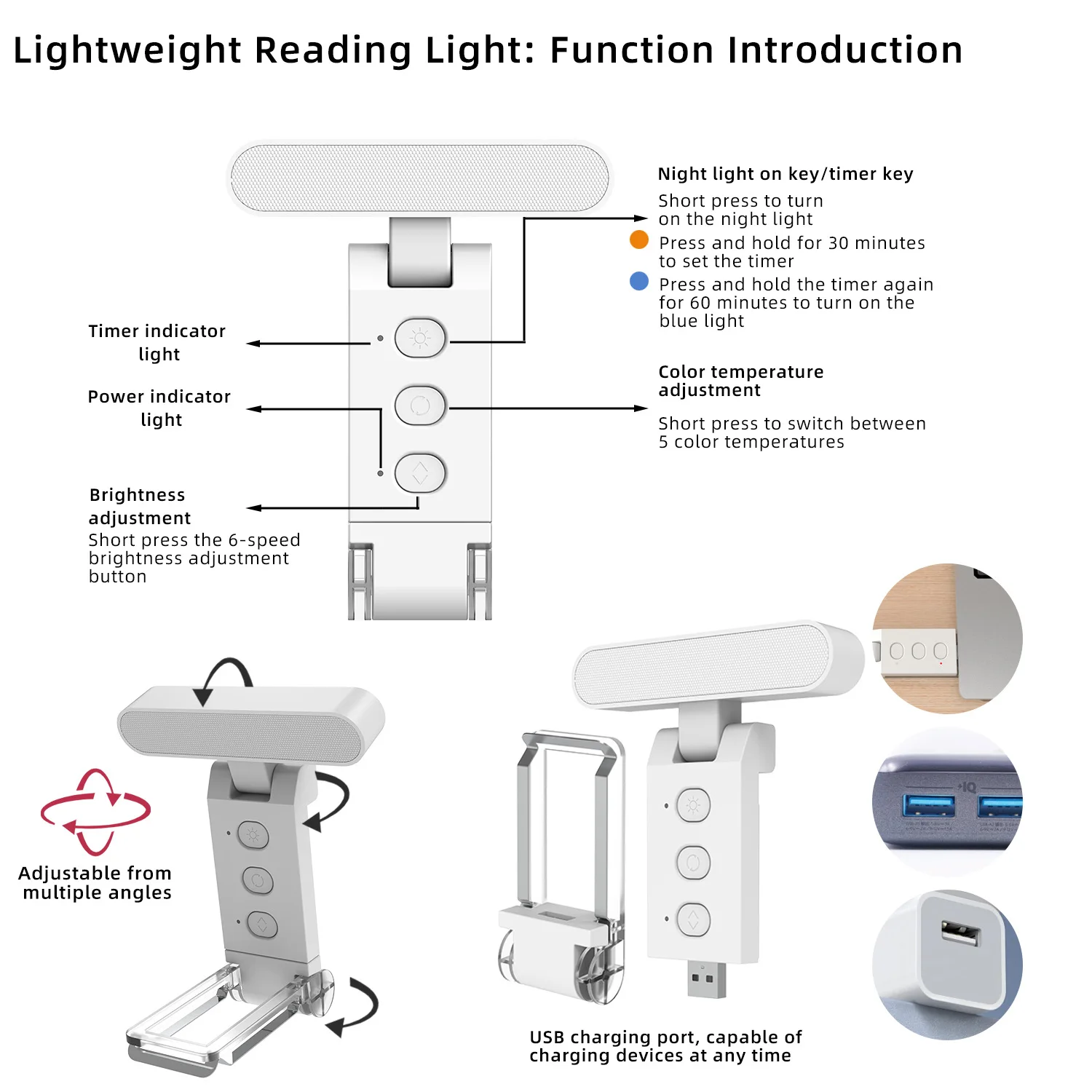 1PC USB rechargeable clip-on book light Desktop small reading light Portable night light for room decoration