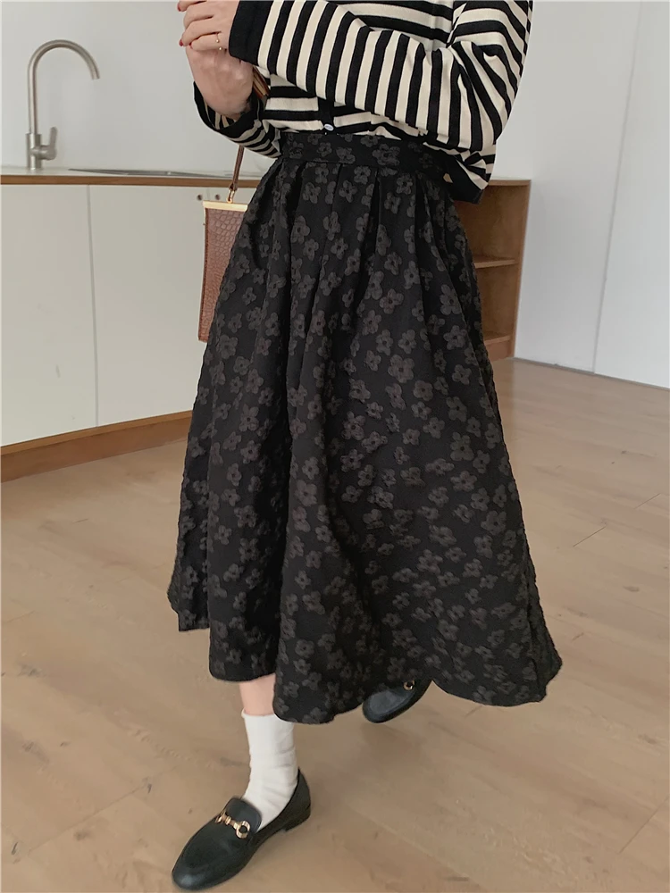 Seoulish 2022 New High Waist Jacquard Women's Mi-long Skirts Spring Summer Minimalism Vintage Female Umbrella A-Line Skirts