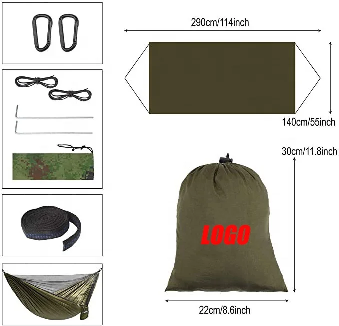 Outdoor Camping Ripstop Nylon 210T Hammock With Tree Straps &Mosquito Net For Double Person