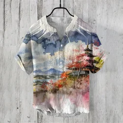 Summer New Harajuku 3D Printed Linen Men's Short sleeved Shirt Fashion Casual Single breasted Standing Neck Shirt s-5XL