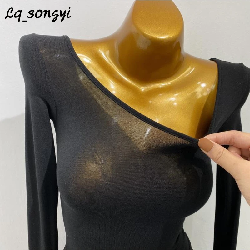 

Lq_songyi Base Slim Deep O Neck T Shirts Women Spring Summer High Strecth Long Sleeve Top Sexy Solid Thin See-through T Shirt