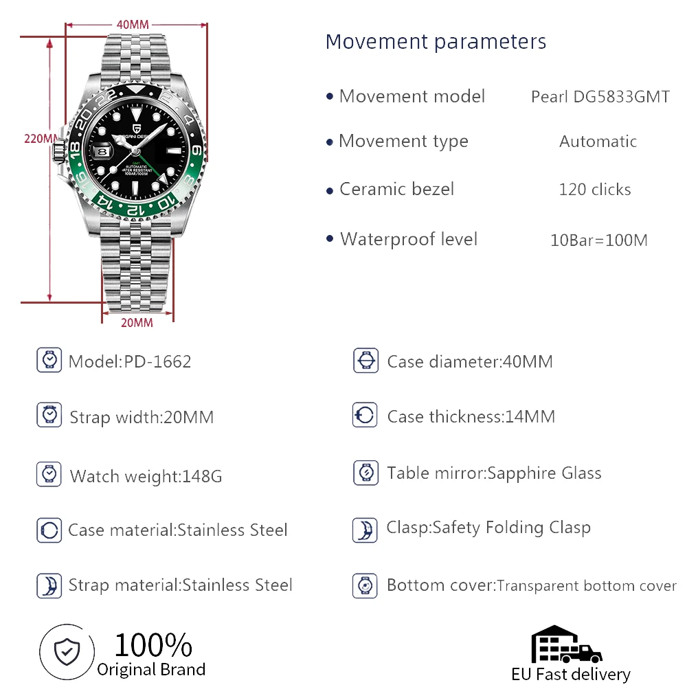 Reloj de pulsera mecánico PAGANI DESIGN para hombres GMT de lujo, reloj de cristal de zafiro de acero inoxidable 100M, relojes automáticos a prueba