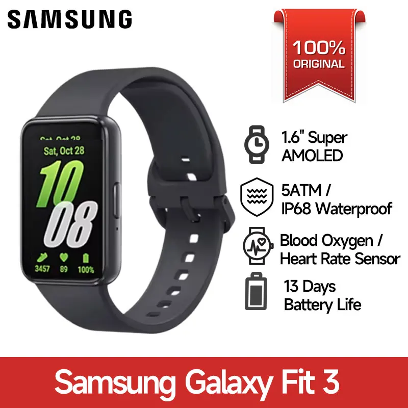 

Samsung Galaxy Fit 3 SmartBand 1.6'' Super AMOLED Display Heart Rate Blood Oxygen Sensor 13 Days Battery Life IP68 Waterproof