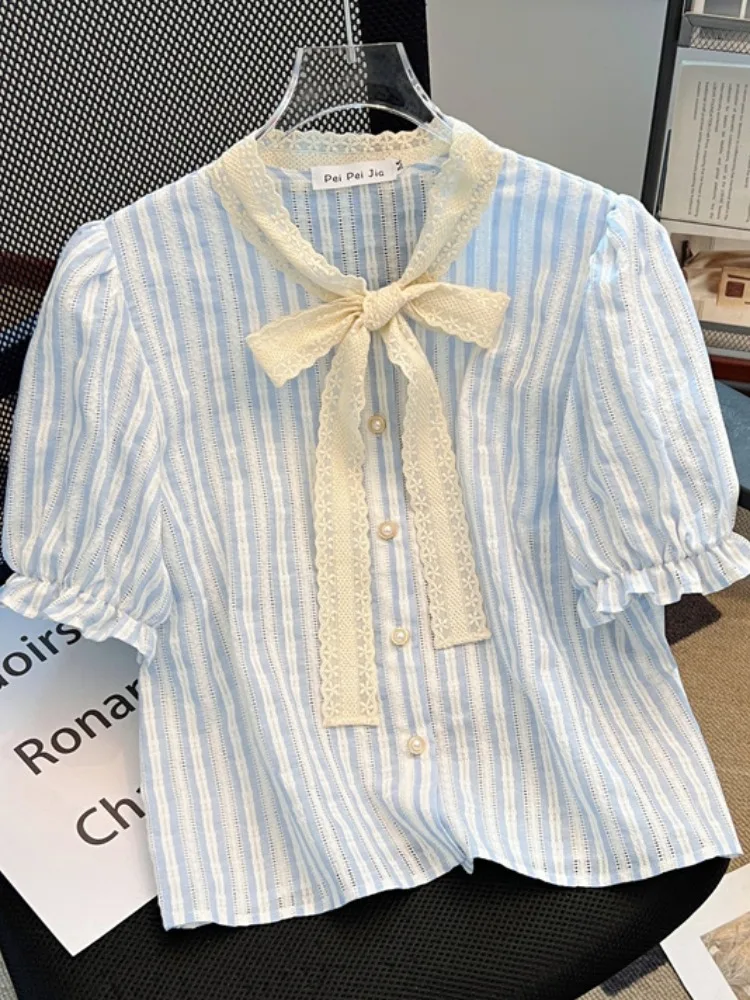 

Summer Women's Stripe ort Sve irt Lace Splice Knot Tied Design Korean Sle Loose Fit Button up Top