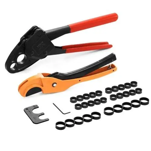 PEX Pipe Crimping Tool Set - Dual Head Crimper for 1 /2 & 3/4 Copper Rings, Includes 30 Crimp Rings, Cutter & Gauge, ASTM807