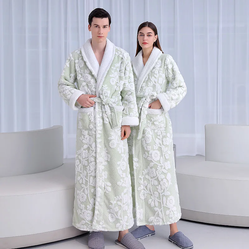 Women Men Sleepwear Kimono Gown Couple Flannel Nightwear Thick Warm Long Sleeve Home Wear Carving Lapel Elegant Home Clothes