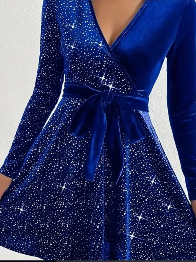 CPSYMYM – robe trapèze élégante avec ceinture pour femme, Sexy, col en v, manches longues, paillettes, mode de rue, robe de soirée, automne hiver