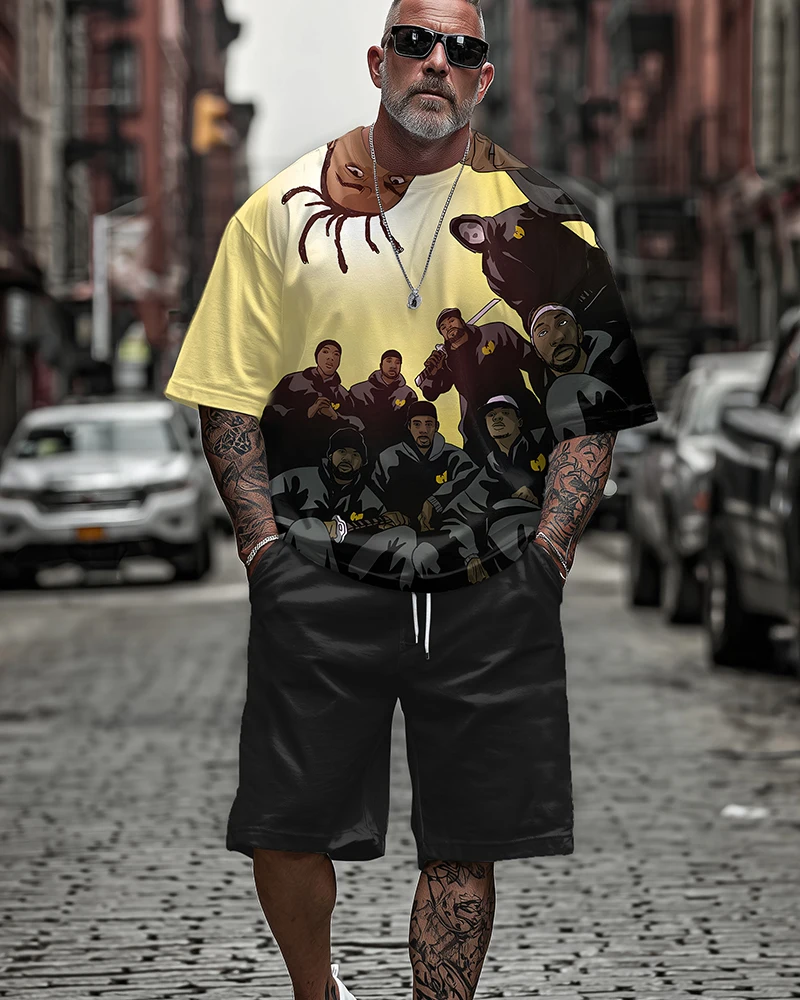 

S-9XL Men's Large Size Hip Pop Music Print Short-Sleeved T-Shirt Shorts Two-Piece Set