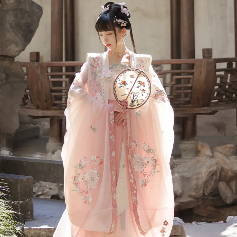 ShiSanYu Sweet Pink Floral Embroidery Hanfu Dresses For Women Autumn Chinese Style Kleid Fairy Dance Performance Costume