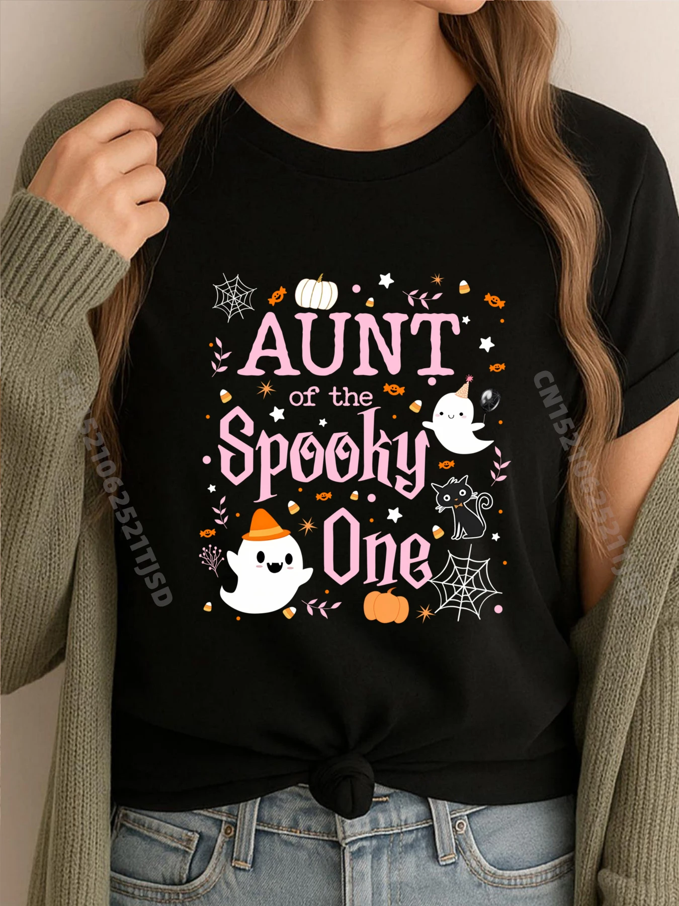 

Aunt Of The Spooky One First Birthday Pink Halloween Graphic Tees Autumn Designer Clothes Woman Design