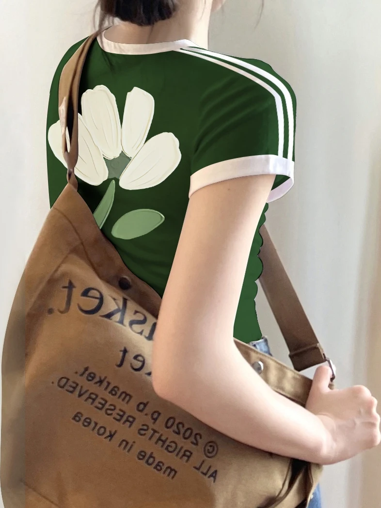 Women's Slim Fit Short Sleeve T-Shirt Pure Cotton Sporty round Neck Top Three Bars Color Block Design Korean Style Commute Fa...