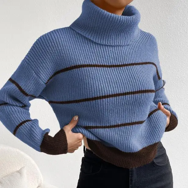 2025年秋冬 ハイネックストライプニットセーター レディース カジュアル エレガント 通勤 長袖ニットセーター