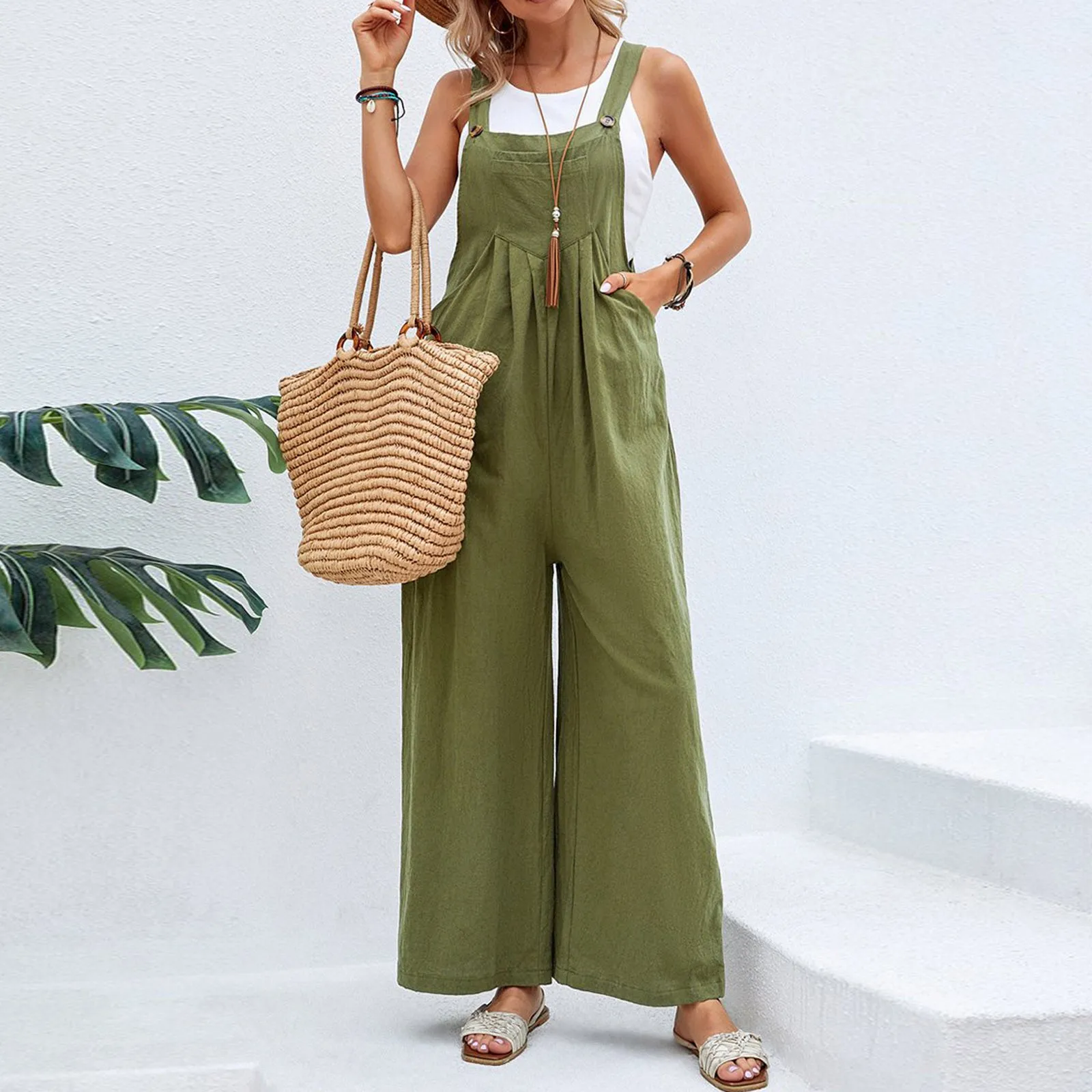 

Women Jumpsuit Casual Women Spaghetti Strap Rompers Loose Solid Color Playsuit Button Long Straight Wide Leg Jumpsuit Overalls