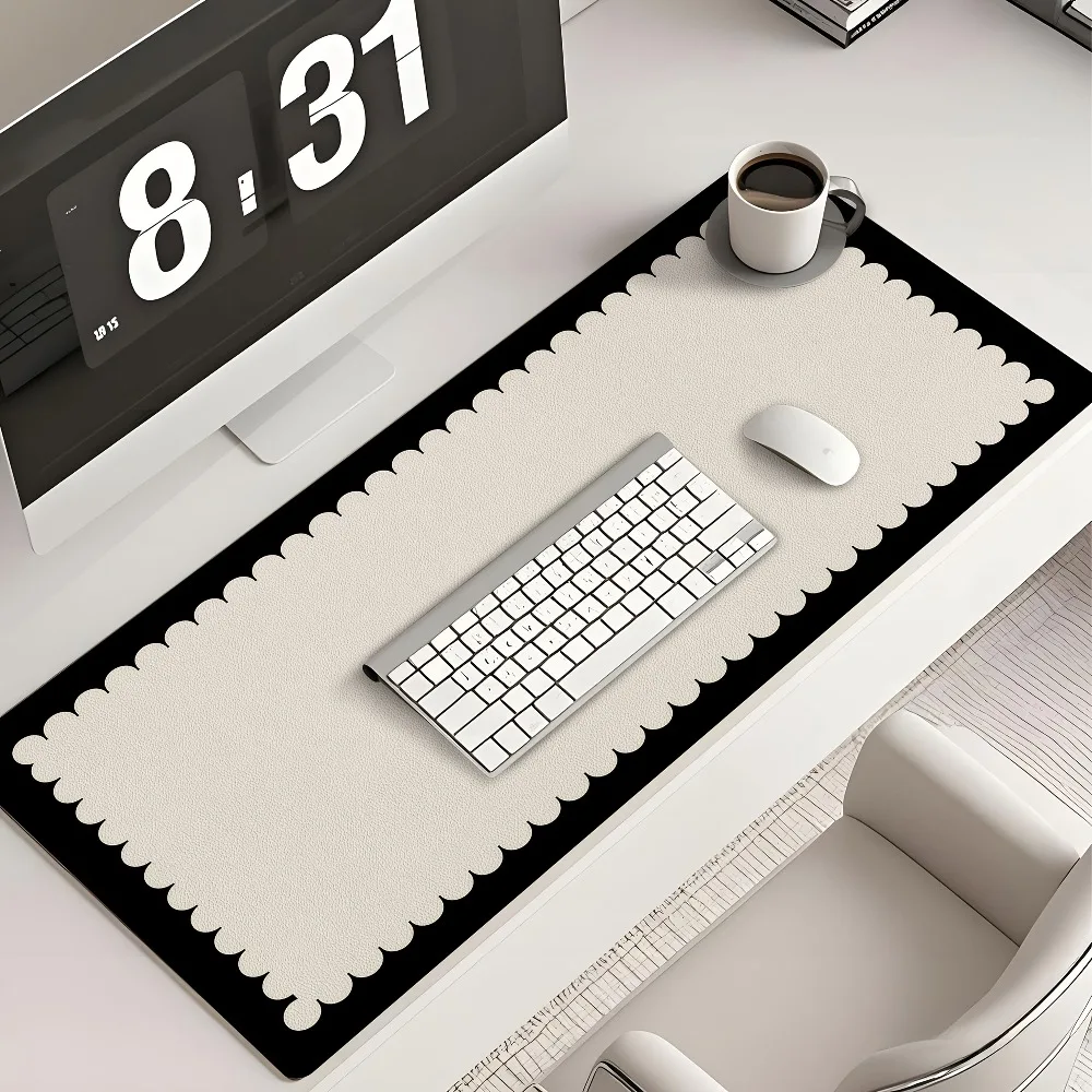Minimalist Scalloped Edge Desk Mat - Black Beige Two-Tone Large Mouse Pad Non-Slip Waterproof Office Decor