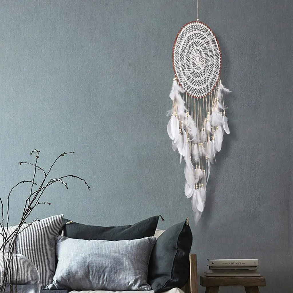 15.8 inch Handmade White Wall Decoration - Extra Large Circle, Flocking Fiber Material, Natural Wooden Beads