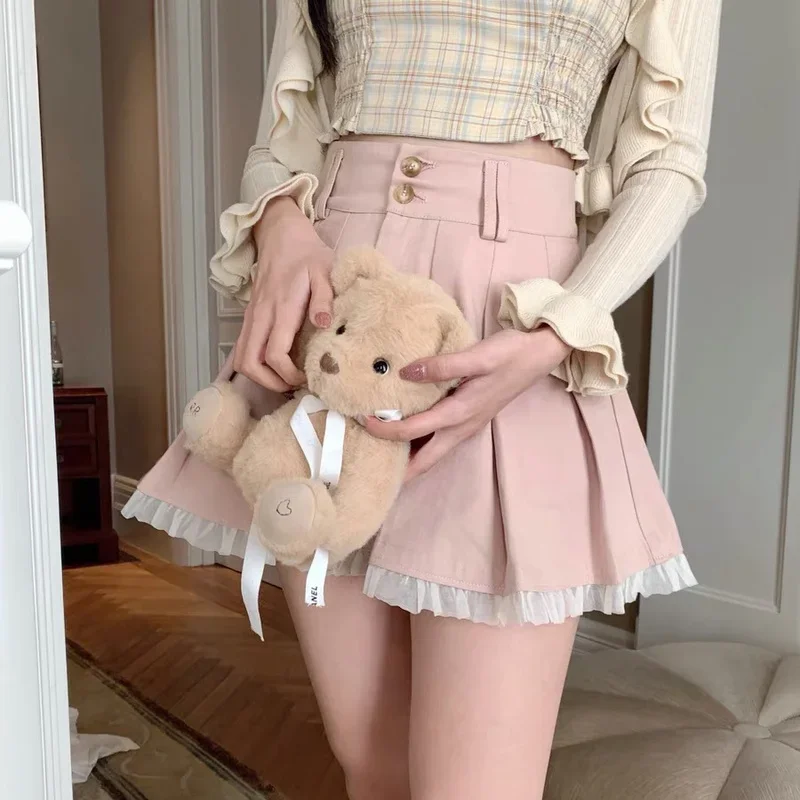 

Kawaii Pink Pleated Skirt Women Japanese Cute Lace Patchwork High Waist Lolita A-line Mini Skirt Soft Girl Korean Summer