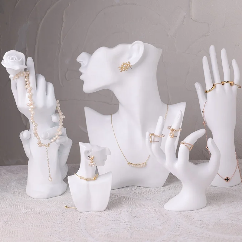 Customized. store white luxury jewelry hand neck display necklace earrings display stand mannequin jewelry display set