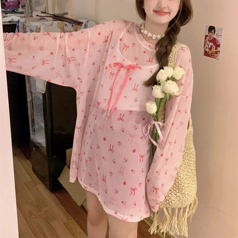 

Sunscreen T-shirt Women's Summer Large Medium Long Micro Transparent Hoodie Casual Top