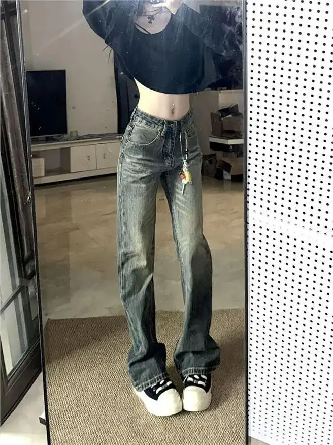 레트로 아메리칸 스트레이트 레그 데님 진 여성용 가을 겨울 하이 스트리트 루즈 슬림 와이드 레그 팬츠 스탠드 핏 미드 스트레치