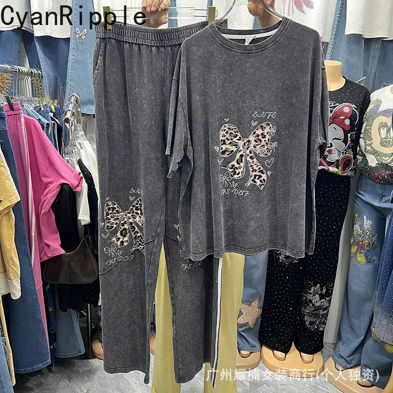

Fashion Spring Summer Women Two-piece Set Leopard Bow Hot Diamonds Short Sleeve T-shirt Top + Elastic Waist Wide Leg Pants