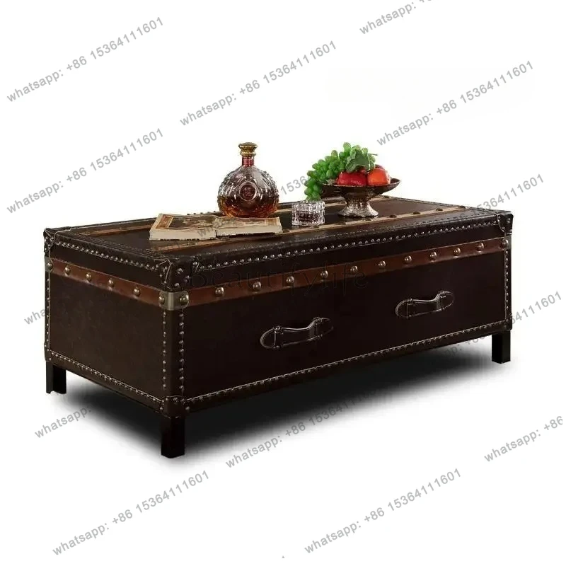 

Medieval leather case coffee table American country retro style oil wax leather coffee table rivet table