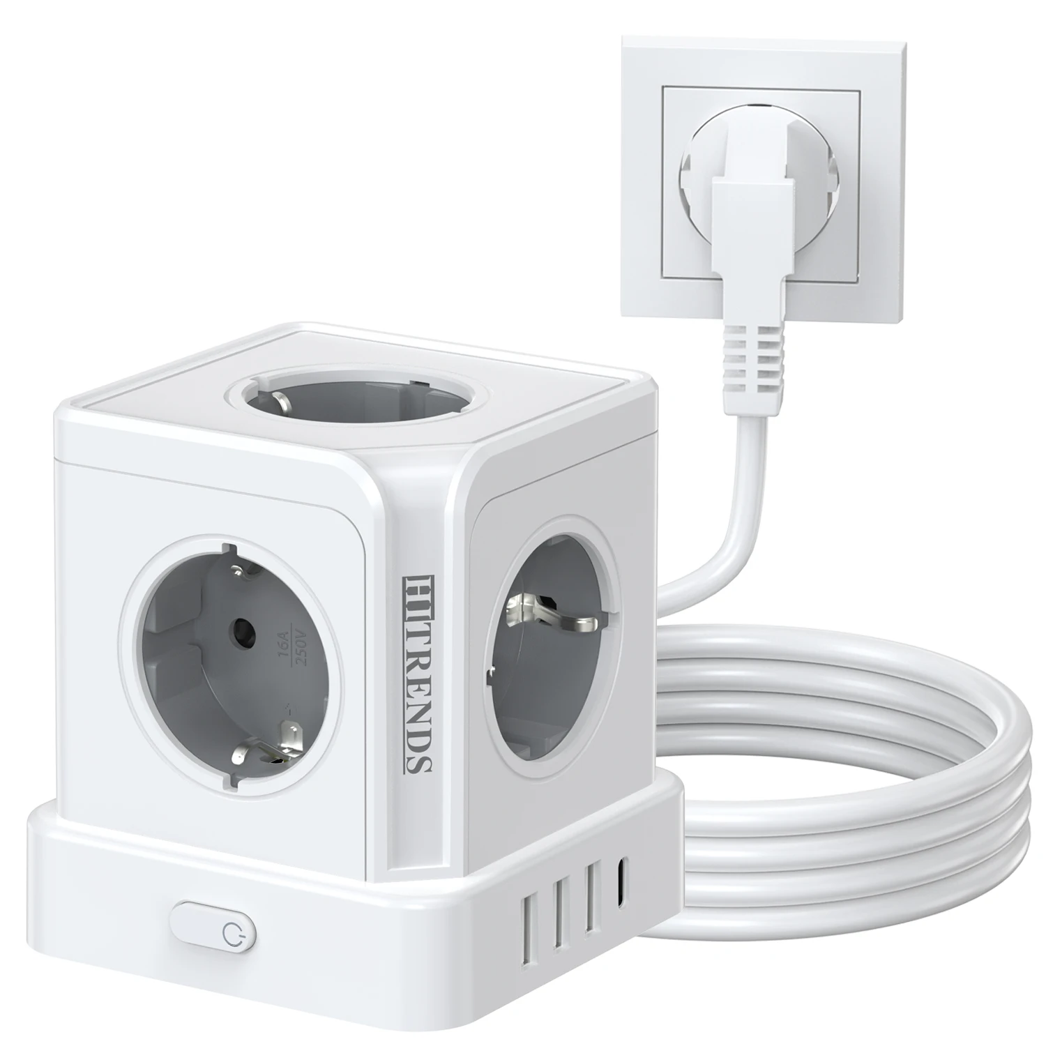 EU-stekker Torenstopcontact met 5 AC-uitgangen 3 USB 1 Type c en schakelaar, meerdere stopcontacten overspanningsbeveiliging voor thuis