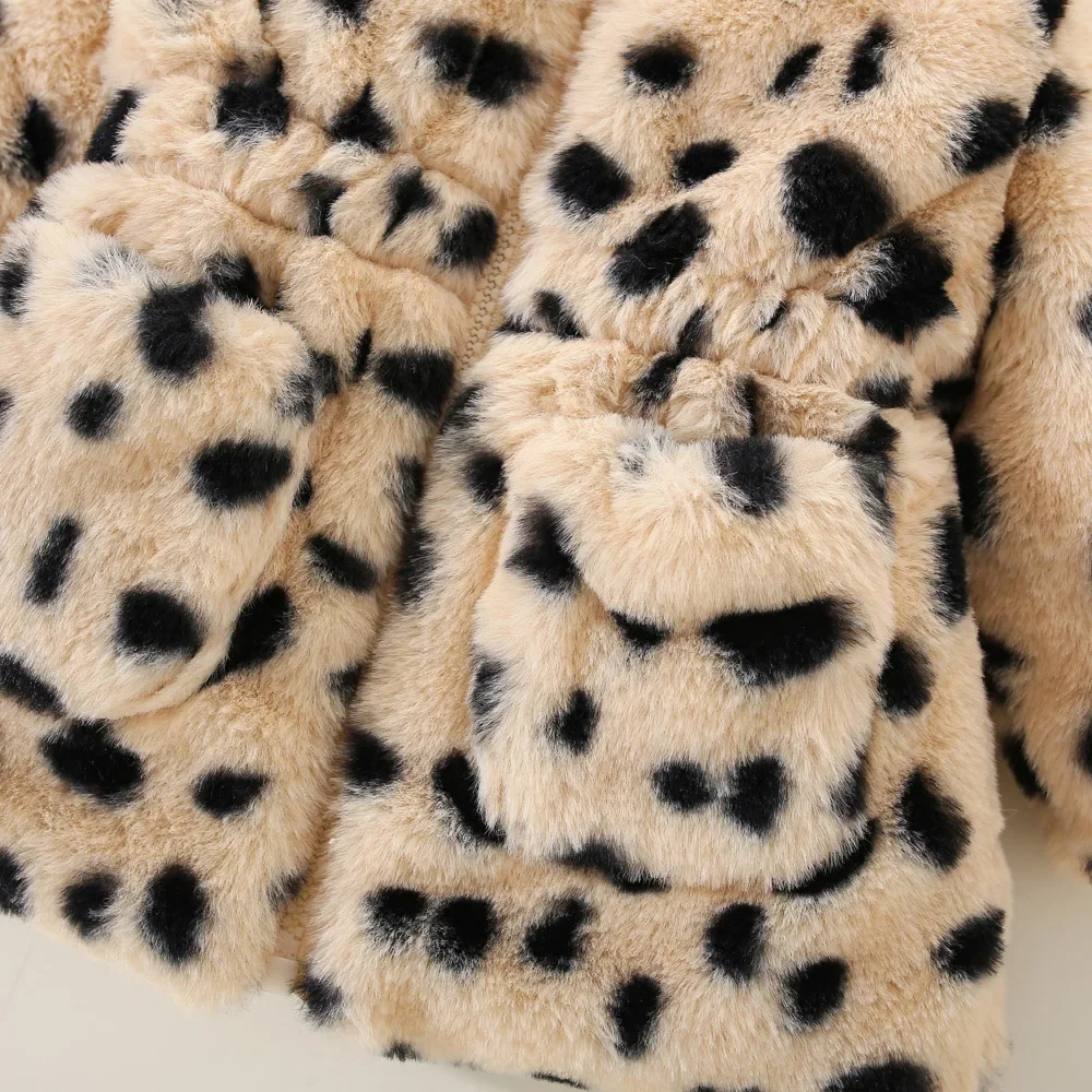 Winter Baby Girl Long Sleeve Plush Coat Hooded Fur Thickened Cotton Coat Children\'s Warm Fashion Leopard Print Baby Clothing