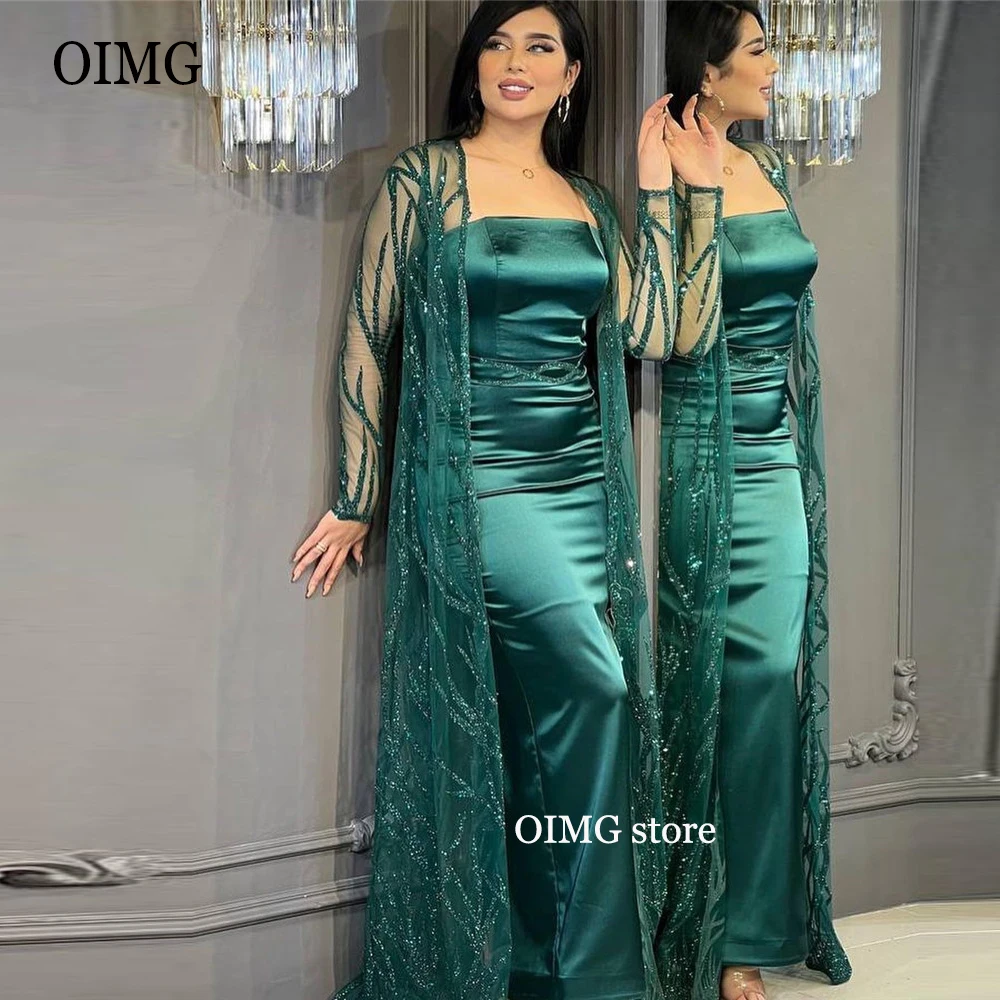 OIMG Saudi Arabic Women Formal Evening Dresses Mermaid Long Sleeves Jacket Glitter Prom Dress Plus Size Satin Purple Green Gown