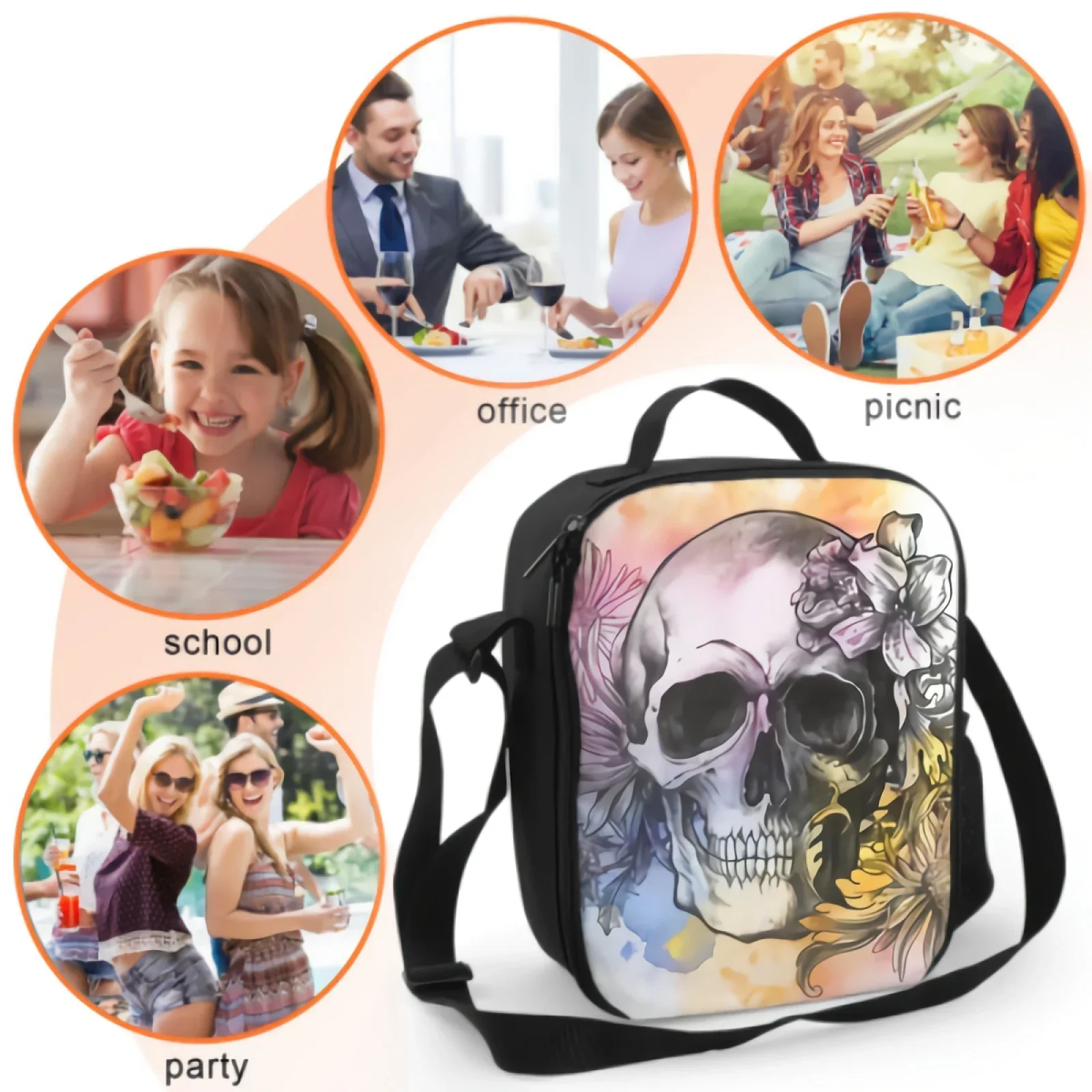 Watercolor Human Skull Head Insulated Lunch Box Skull With Flower Portable Cooler Bag Reusable Food Container for Travel Picnic