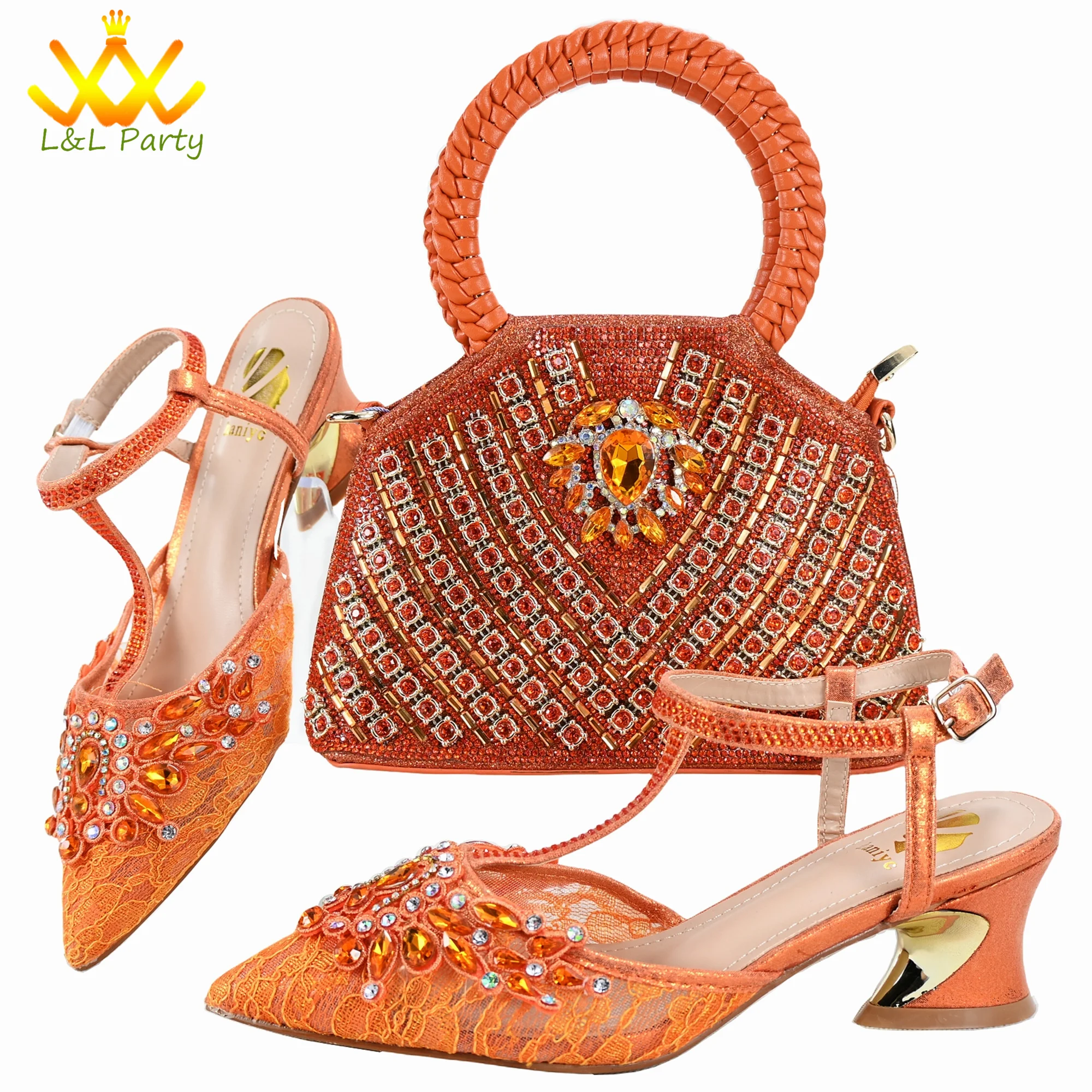 Orange Color New Arrivals Italian Design Nigerian Women Shoes and Bag Set Pointed Toe Slipper with Shinning Crystal for Party