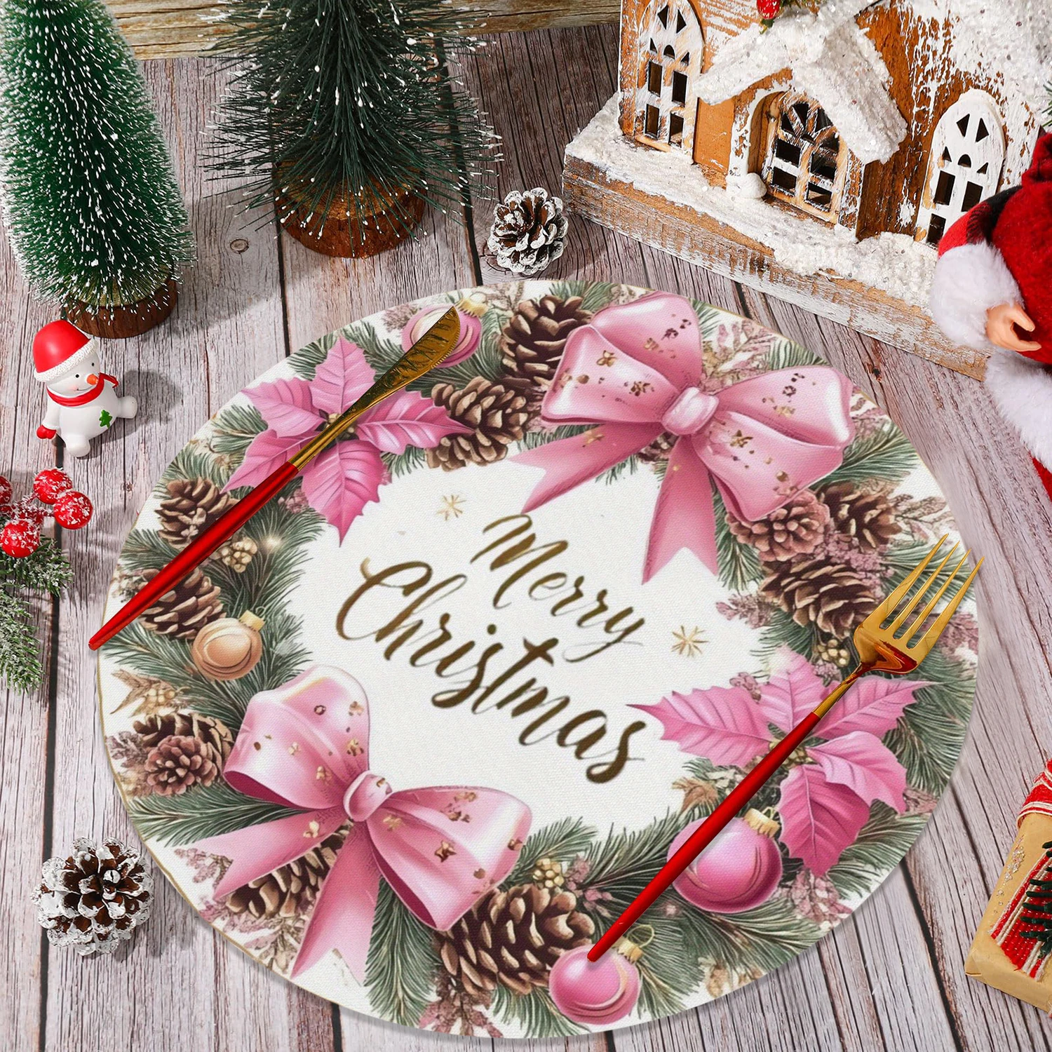 

6PCS Pink Bow Christmas Wreath Snowflake round Placemats for Christmas Table Decoration Party Table Settings
