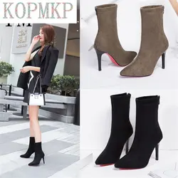 New Women Sock Boots Pointed Toe Elastic High Slip On Heel High Ankle Pumps Stiletto Botas Mujer High Boots Zapatos Muje 2018