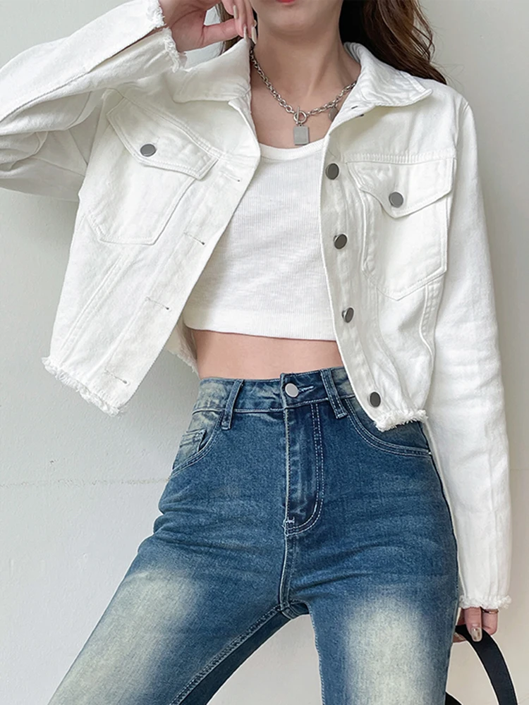 Y2K Denim Cropped Jacket Coat Women's Vintage Denim Jacket Casual Long Boyfriend Distresse Jean Jacket Autumn Spring 2024 New