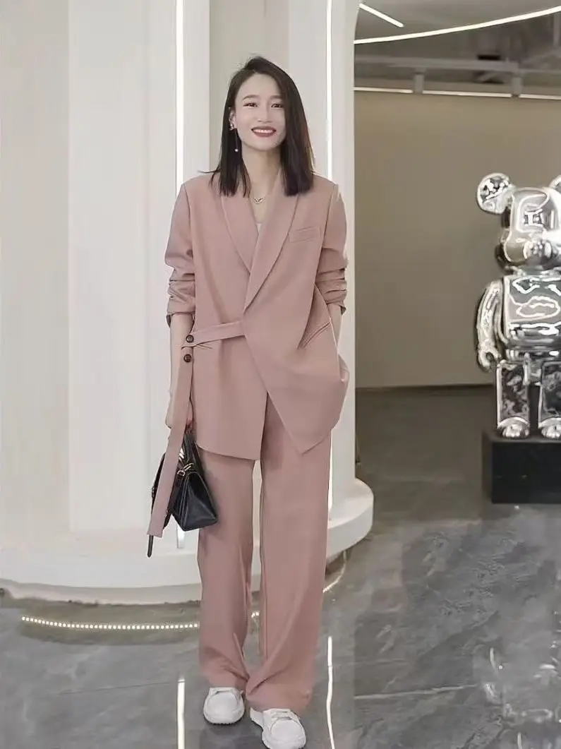 

Loose Wide Leg Pants Two Piece Set High Waist Button Detail Spring Autumn plus Size Women's Fashion Suit Korean Style