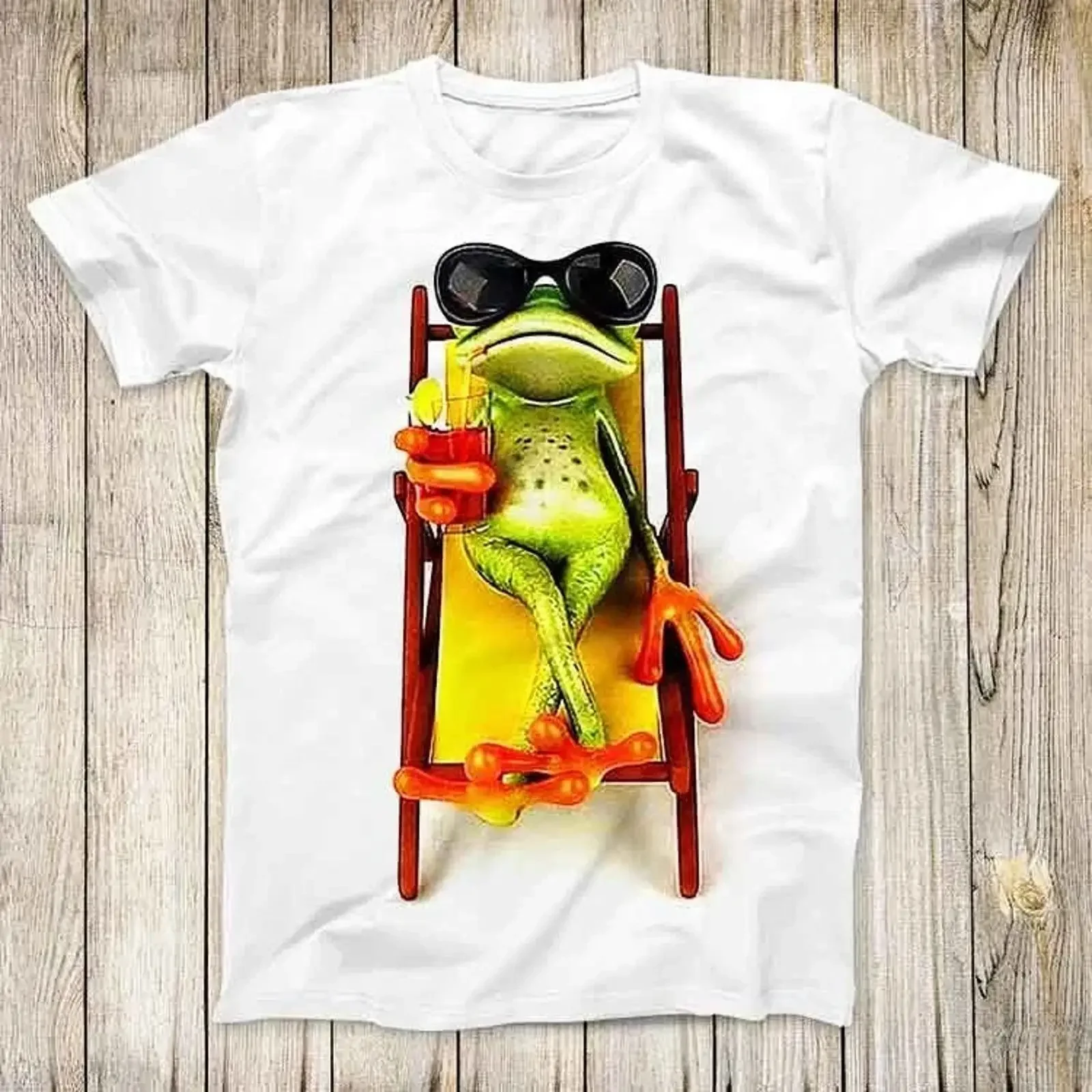 T Shirt Lustige Frosch Cocktail Sonnenuntergang Sommer faul Sonnenbrille Meme Top 3197 vintage Washed Versatile Unisex Stylish