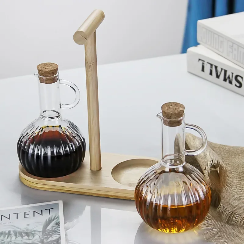Household 300ml heat-resistant glass oil pot with wooden stand, liquid seasoning bottle, striped sauce and vinegar oil pot