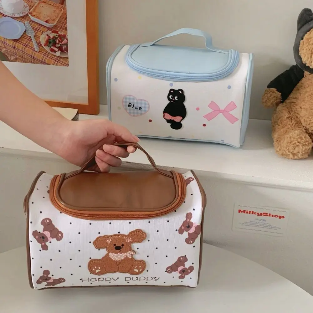 Wash Bag PU Handheld Makeup Bag Cat Bear Embroidered Puppy Cosmetic Bag Large Capacity Cartoon Skincare Storage Bag Travel