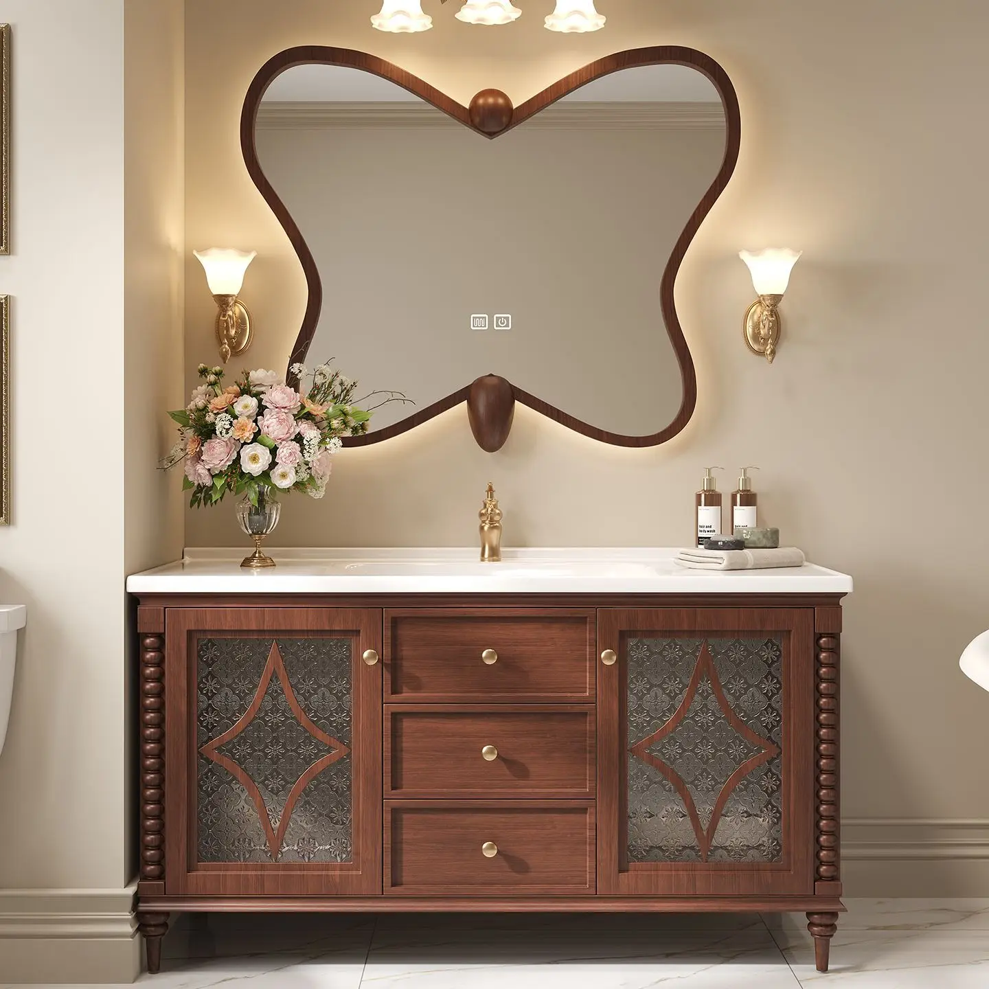 Factory Direct 2026 American medieval style bathroom cabinet combination floor-to-ceiling French retro washbasin toilet washbasi