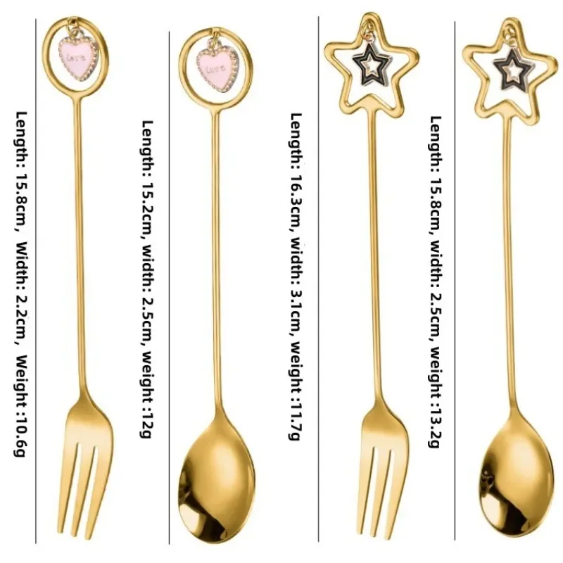 1PC Stainless Steel Coffee Spoon Long Handle Mixing Fork Love Heart Star Pendant Mixing Spoon Fruit Fork Kitchen Tableware