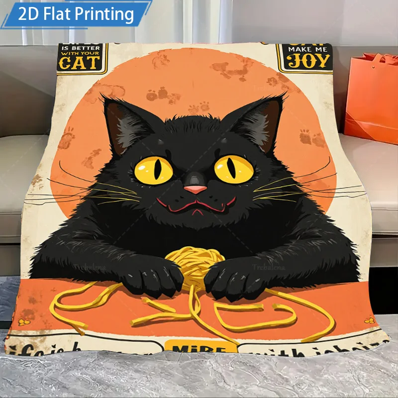 1pc Flannel Blanket Cute Black Cat with Yarn Fleece Blanket Cozy Pet Lover Throw Soft Warm Bed Cover Gift for Cat Enthusiasts