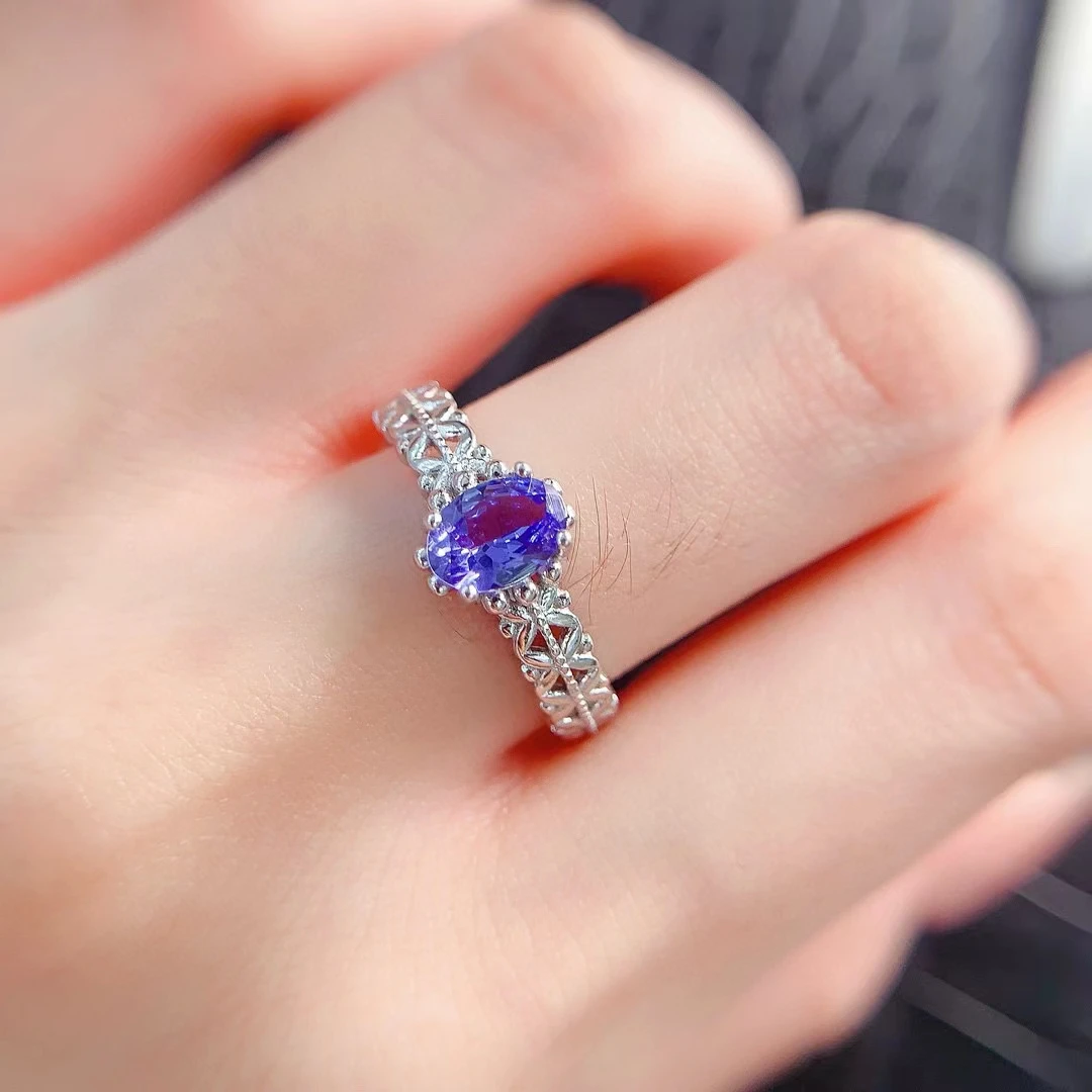 

Vintage Design 925 Silver Tanzanite Ring 5*7mm 0.7ct Natural Tanzanite Silver Ring with 18K Gold Plated Gemstone Silver Jewelry