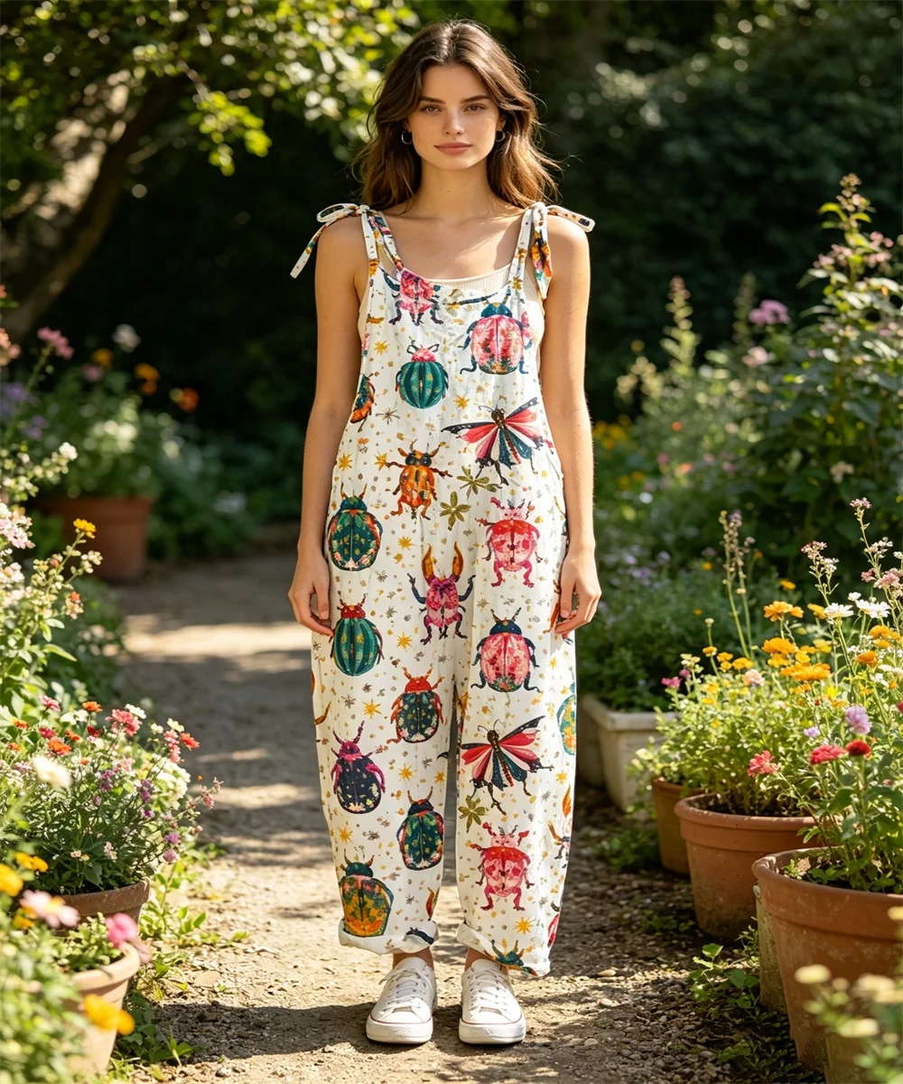 Women's new cartoon hand-painted style ladybug print comfortable jumpsuit, off shoulder sleeveless loose jumpsuit