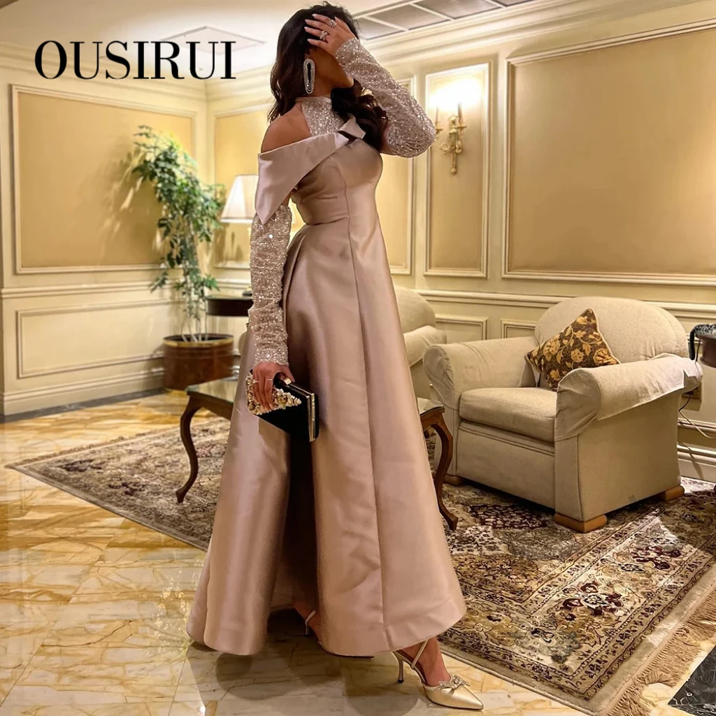 OUSIRUI Khaki Satin High Low Dubai Evening Dress for Wedding Party Halter Arabic Women Midi Formal Guest Gowns vestidos de gala