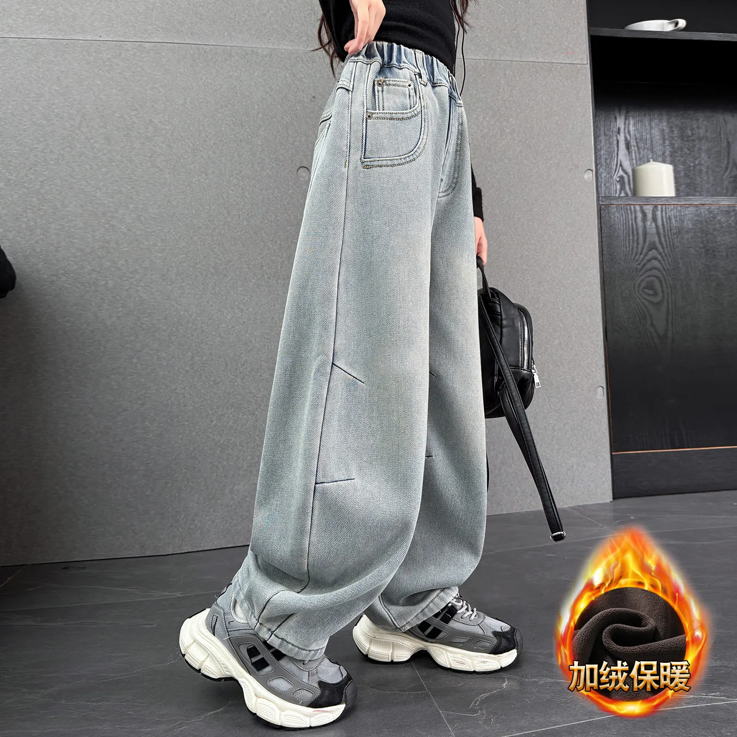 Celana Jeans Fleece Anak Perempuan Musim Gugur Musim Dingin Kasual Retro Banana Denim Celana Panjang Fashion Anak Pinggang Elastis Berinsulasi Melengkung Usia 4-14 tahun