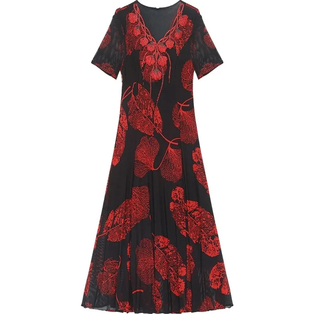 2023 Summer Women\'s Fashion Floral V-neck Dress New Temperament Age-reducing Belly-covering Slim Long Dress Female A-line Akirt