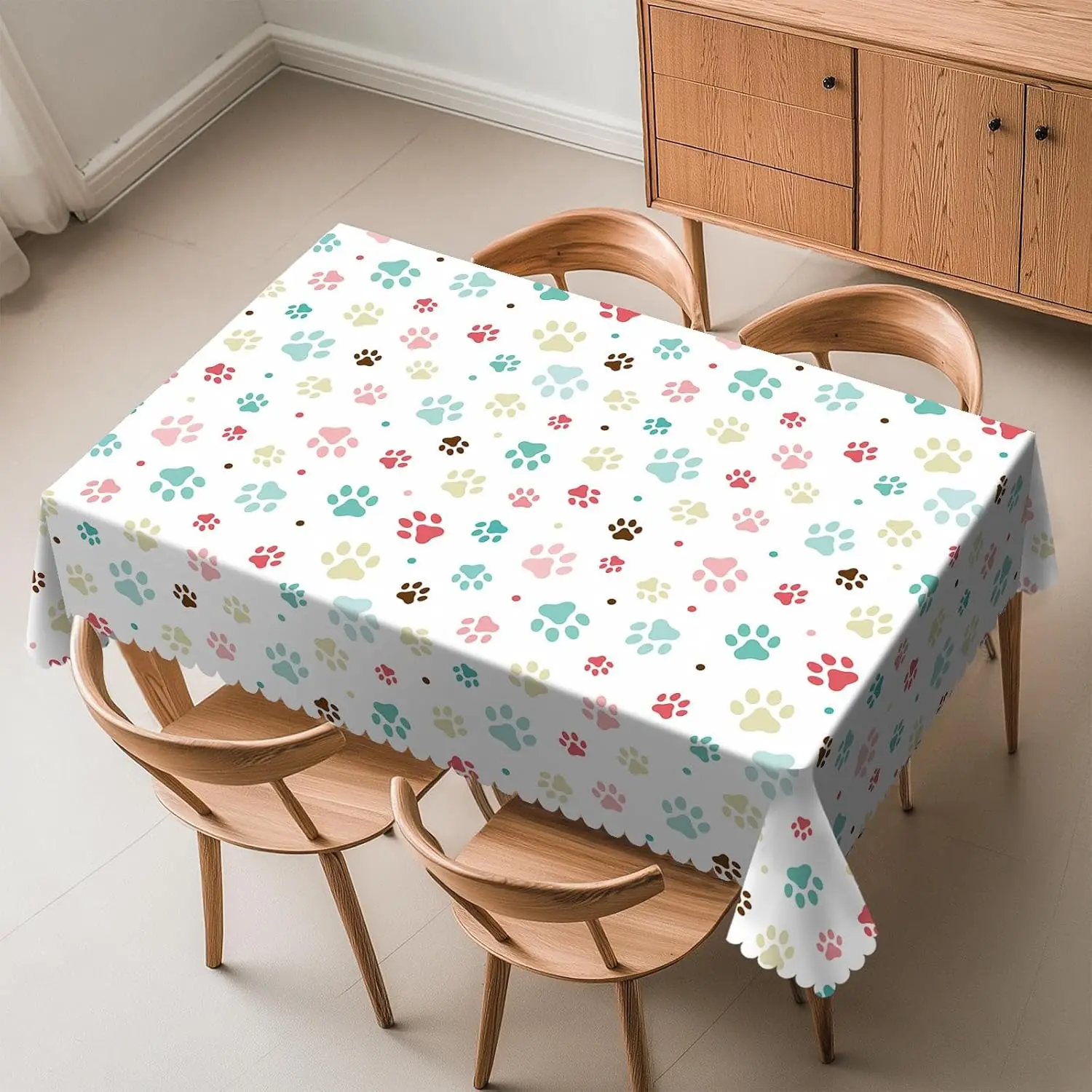 Colorful Dog Paw Print Tablecloth Cute Footprint Doodle Rectangle Creative Animal Sign Wavy Edging Washable Cover for Party