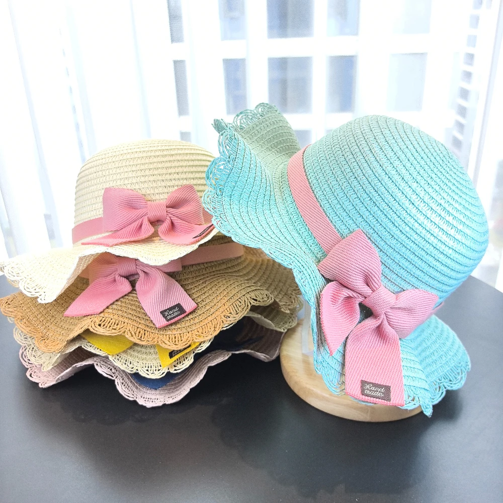 女の子 2 個麦わら帽子ソリッドカラー屋外旅行日よけ帽子花柄 - Paper Straw Color のレビューと価格