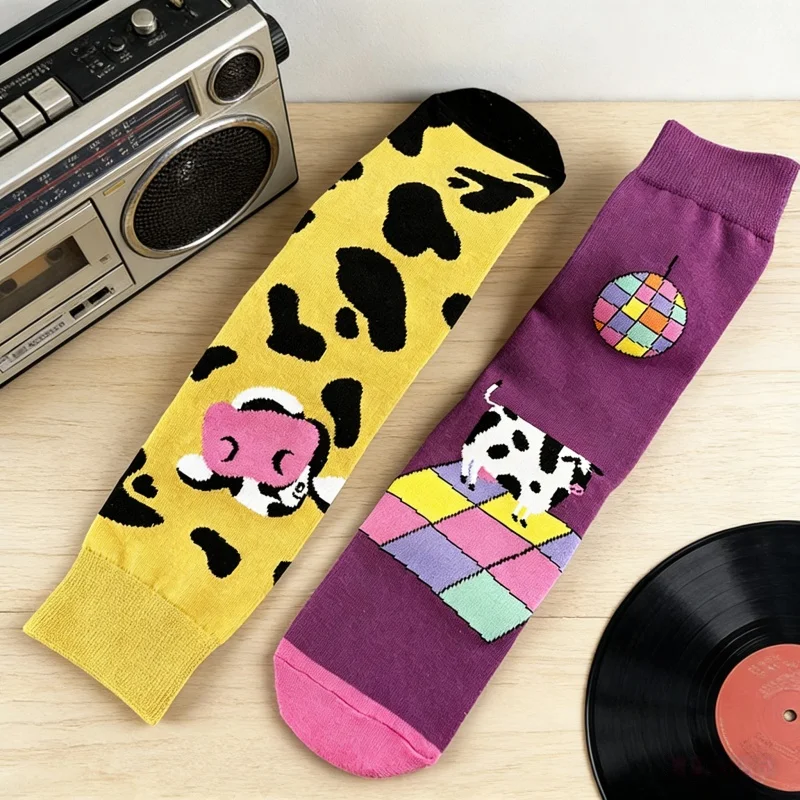 1 pair Men's Playful Cow Socks Yellow-Purple Music Element Contrast Color Daily Casual Trendy Socks